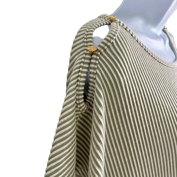 Ava James Striped Knot Front Short Sleeve Top Gold Button Accents Women's Medium - Picture 5 of 11
